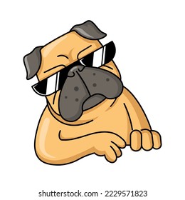 Funny pug businessman in black glasses flat sticker. Adorable pug dog cartoon character isolated vector illustration for T-shirts. Animal sketch and mascot concept