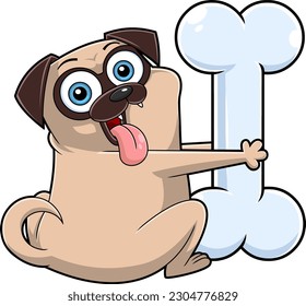 Funny Pug Dog Cartoon Character Holds A Big Bone. Vector Hand Drawn Illustration Isolated On Transparent Background