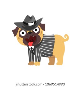 Funny pug dog character dressed as gentleman, funny dog in black hat and striped jacket vector Illustration on a white background