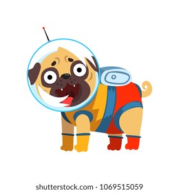 Funny pug dog character dressed as spaceman vector Illustration on a white background