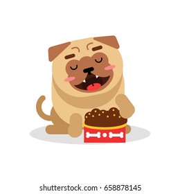 Funny pug dog character sitting beside a full bowl of kibbles vector Illustration