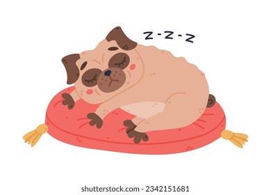 Funny Pug Dog Character with Wrinkly Face Sleeping on Red Cushion Vector Illustration