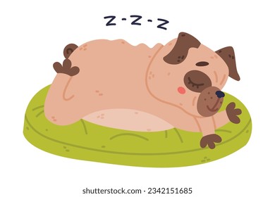 Funny Pug Dog Character with Wrinkly Face Sleeping on Green Cushion Vector Illustration