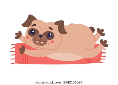 Funny Pug Dog Character with Wrinkly Face Lying on Mat in Yoga Pose Vector Illustration