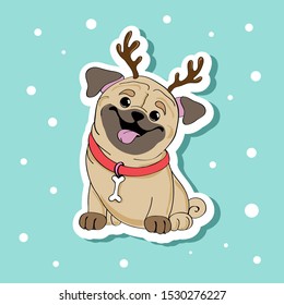 Funny pug dog in Christmas deer horns on a blue background. Christmas sticker