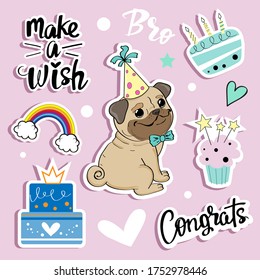 Funny pug dog and collection of birthday cakes on a pink background. Vector flat style illustration