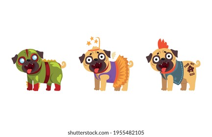 Funny Pug Dog in Colorful Costumes Vector Set