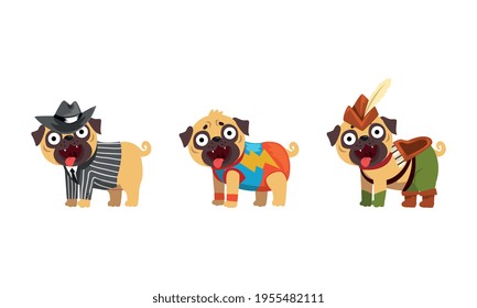 Funny Pug Dog in Colorful Costumes Vector Set