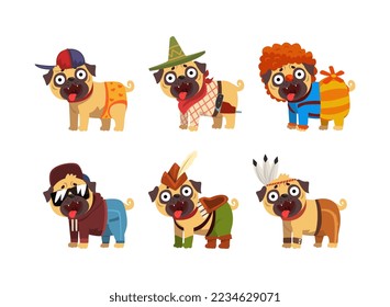 Funny Pug Dog in Colorful Costumes Vector Set
