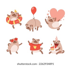 Funny Pug Dog with Curled Tail and Light Brown Coat Engaged in Different Activity Vector Set