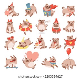 Funny Pug Dog with Cute Snout Engaged in Different Activity Vector Big Set