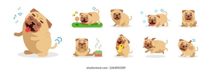 Funny Pug Dog Engaged in Different Activity Vector Set