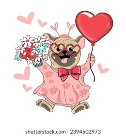 Funny pug dog with flowers and a heart-shaped balloon on a white isolated background. Valentines Day card. Vector illustration