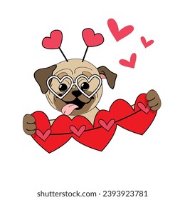 Funny pug dog with a garland of hearts on a white isolated background. Valentine's Day card. Vector illustration