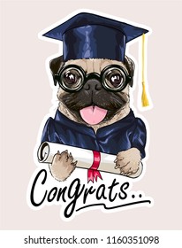 funny pug dog in graduation uniform illustration