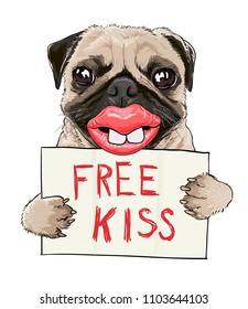 funny pug dog holding free kiss sign