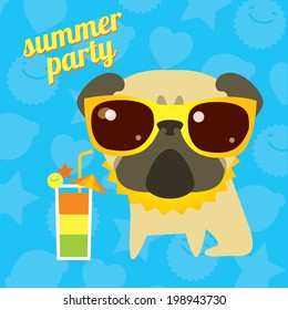 Funny pug dog on the summer party with cocktail and sunglasses. Layered vector illustration and design element