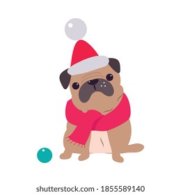 Funny Pug Dog in Red Santa Hat and Scarf, Symbol of Xmas and New Year, Happy Winter Holidays Concept Cartoon Style Vector Illustration