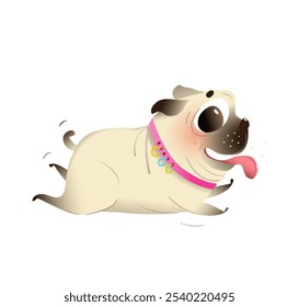 Funny pug dog running, fat doggy character design. Hilarious pug pet running fast. Cute and fun domestic animal character design. Vector animal cartoon illustration. Isolated clip art.