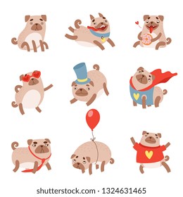 Funny Pug Dog Set, Cute Pet Animal Character in Different situations Vector Illustration