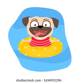 Funny Pug Dog Swimming In Swim Pool. Vector Cartoon Illustration For Print.