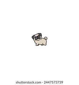 Funny pug dog walking and looking back cartoon, vector illustration