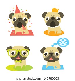 Funny pug dogs in different situation: pug's birthday, pug-prince, pug-hipster and dreaming pug/ Vector illustration for funny card