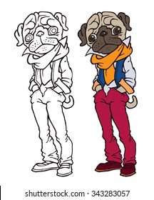 funny pug dressed like hipster - jeans, scarf and vest - vector cartoon drawing