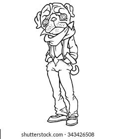 funny pug dressed like hipster - jeans, scarf and vest - vector cartoon drawing