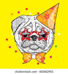 Funny pug in a festive cap and glasses. Vector illustration for a postcard or a poster. Cute puppy. Pedigree dog.