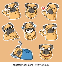 Funny pug flat stickers collection. Adorable pug dog cartoon character in different poses isolated vector illustrations for t-shirts. Animal sketch and mascot concept