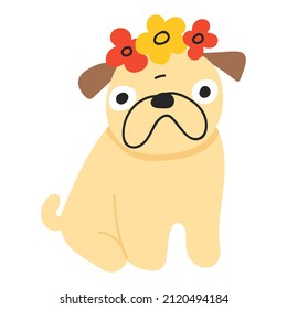 Funny pug with flowers on his head. Vector hand drawn illustration on white background.