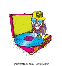 Funny pug with glasses and a cap sits on the turntable for vinyl records. Beautiful thoroughbred dog. Vector illustration. Cute puppy.