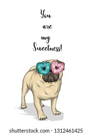 Funny pug with glasses of donuts in the form of hearts. Vector illustration for poster or poster, t-shirt print.