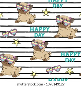 Funny pug in glasses and the inscription happy day seamless pattern on a white background