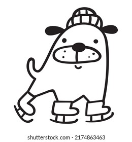 Funny pug ice skating. Outline vector illustration on white background. 