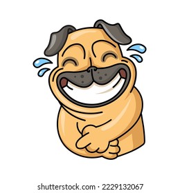 Funny pug laughing to tears and stomach pain flat sticker. Adorable pug dog cartoon character isolated vector illustration for t shirts. Animal sketch and mascot concept