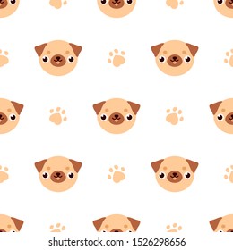 Funny pug with paw. Seamless vector pattern