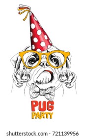 Funny pug in a red polka dot Party hat and in a yellow glasses. Vector illustration.