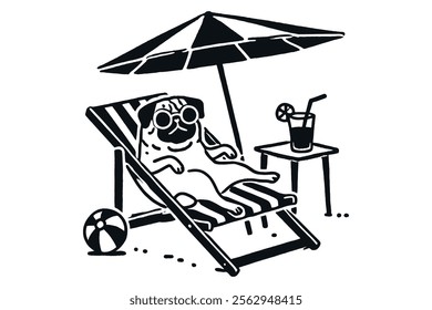 Funny pug relaxing on a lounge chair under a beach umbrella, minimal art