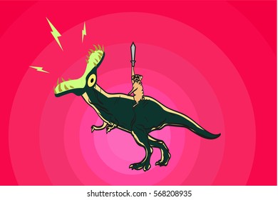 Funny pug with a sword riding on a dinosaur
