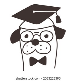 Funny pug wearing square graduation cap. Vector illustration on white background.