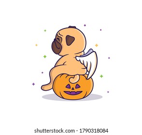 The Funny pug-angel sitting on the pumpkin at night under the colorful starts. Vector Halloween illustration on white background. Cute character dog for prints, stickers, ads, t-shirt design, cards 