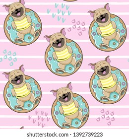 Funny pugs on inflatable donut on pink background seamless pattern