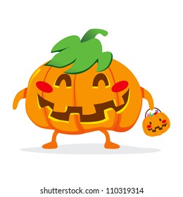Funny pumpkin cartoon character carrying trick or treat candy basket