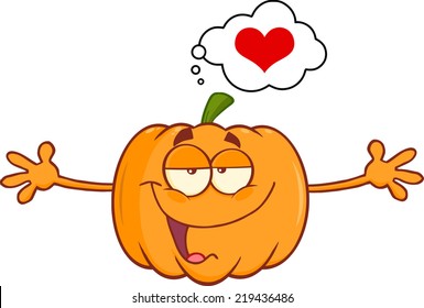 Funny Pumpkin Cartoon Character With Open Arms For Hugging And Speech Bubble 