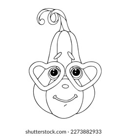 Funny pumpkin character with glasses. Autumn coloring book, sketch. Vector graphics.