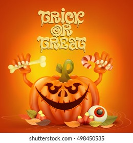 Funny pumpkin character on orange background Trick or treat halloween concept card