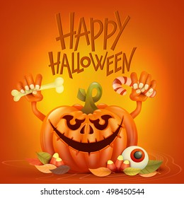 Funny pumpkin character on orange background Happy halloween invitation card