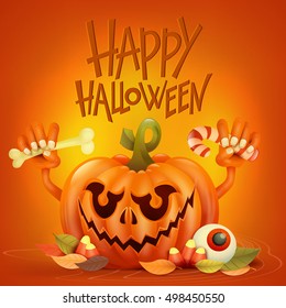 Funny pumpkin character on orange background Happy halloween invitation card